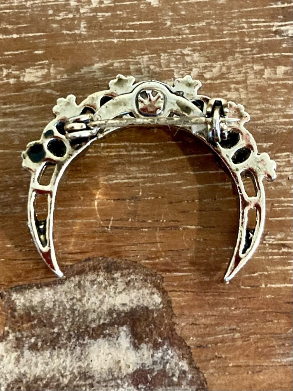 Gold Tone and Green Enamel Crescent Brooch